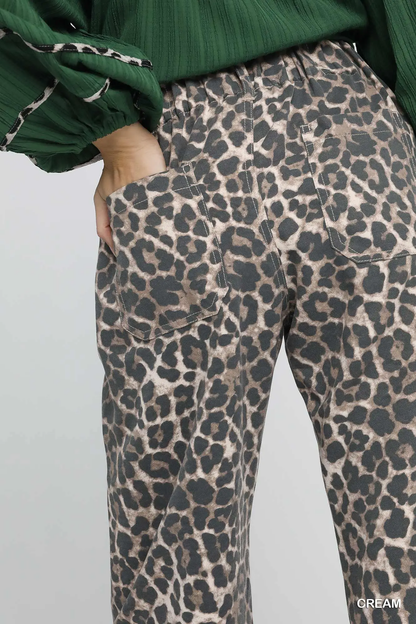 Umgee Cream Animal Print Non- Stretch Wide Leg Pants