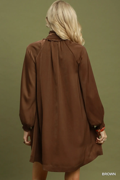 Umgee Brown Satin Tie Neck Mini Dress