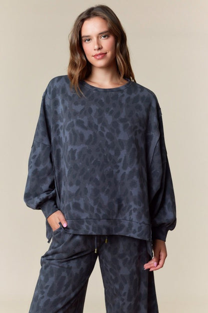 Fantastic Fawn Leopard Print Charcoal Leopard Print French Terry Pullover