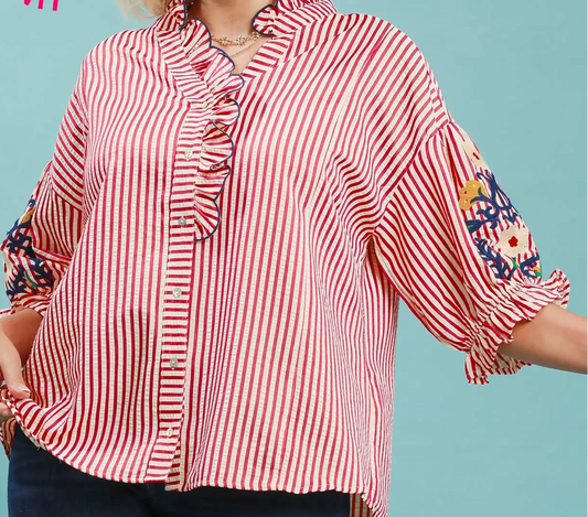Umgee Plus Size Raspberry Embroidered Ruffle Trim Stripe Blouse