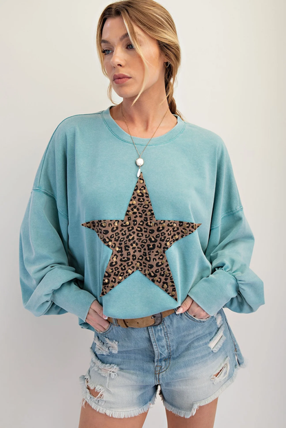 Easel Plus Size Faded Teal Animal Star Patch Mineral Washed Top