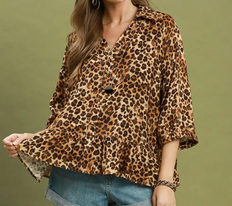 Umgee Latte Brown Leopard Print Collared Button Detail Top