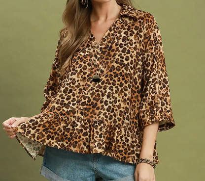 Umgee Latte Brown Leopard Print Collared Button Detail Top