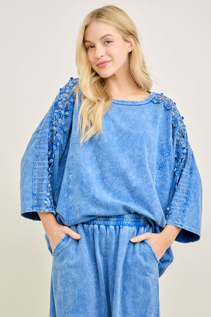 J. Her Cobalt Mineral Washed Flower trim detailed Lounge top