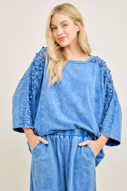 J. Her Cobalt Mineral Washed Flower trim detailed Lounge top