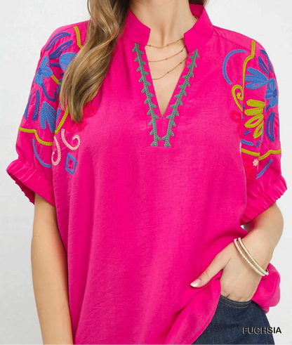Umgee Plus Size Fuchsia Multicolor Embroidered Split Neck Top