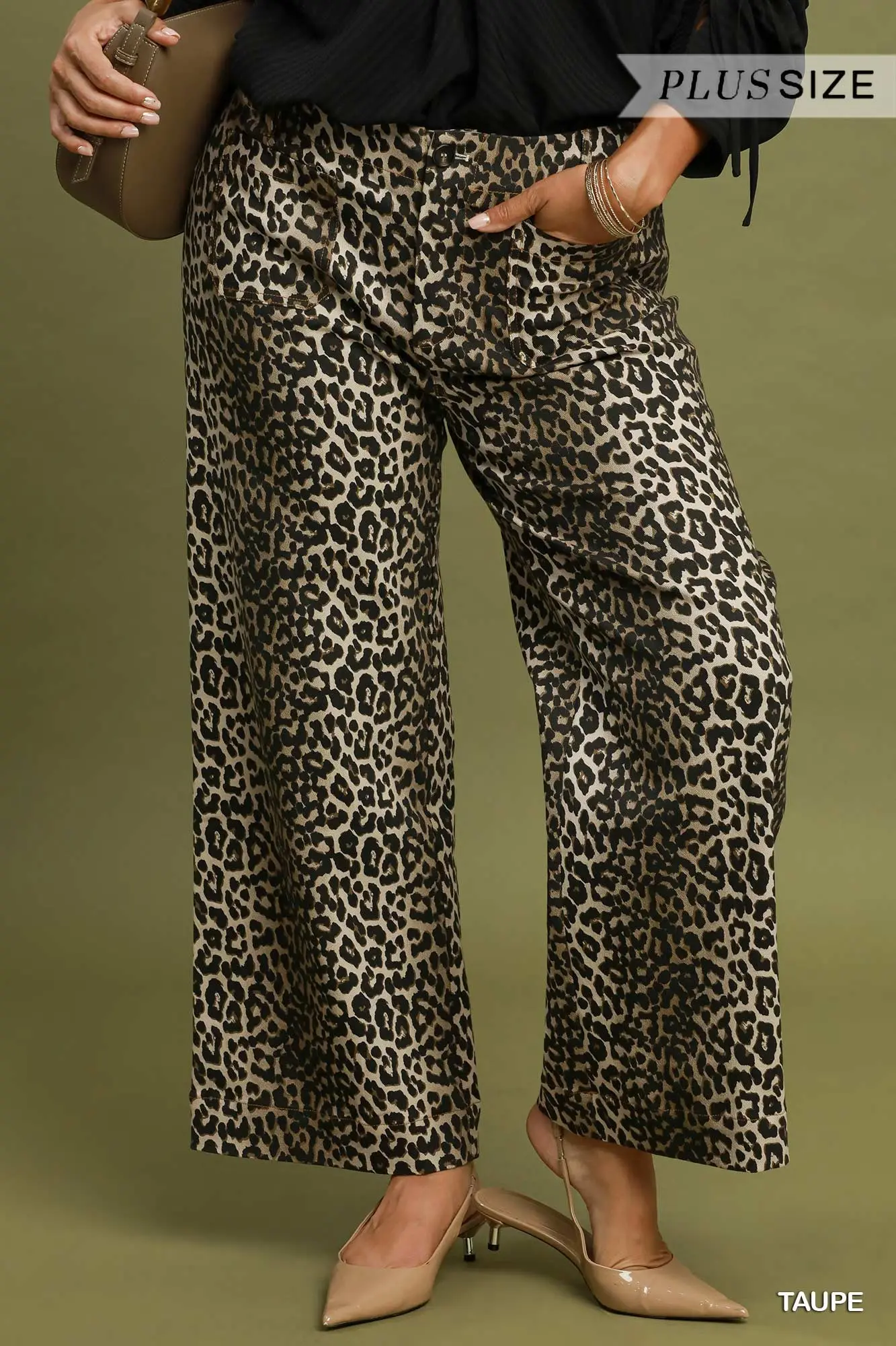 Umgee Plus Size Taupe Leopard Print Wide Leg Pants