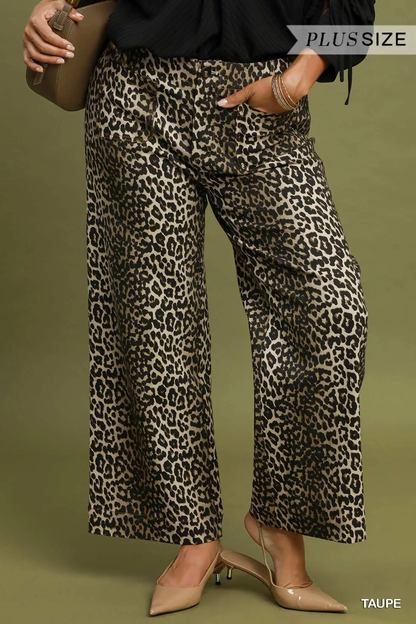 Umgee Plus Size Taupe Leopard Print Wide Leg Pants