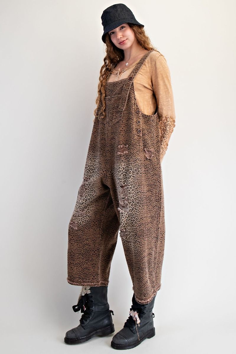 Easel Mocha Brown Animal Printed Washed Denim Overalls