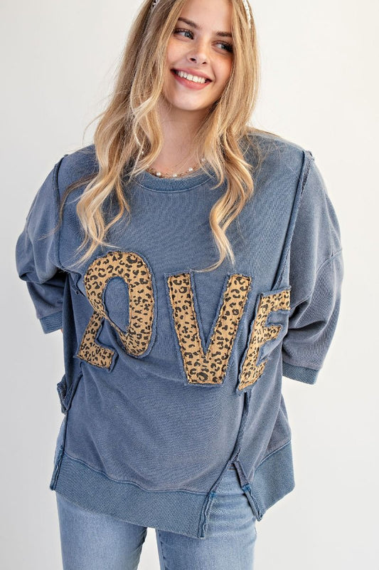 Easel Plus Size Washed Denim Love Patch Front Washed Terry Pullover