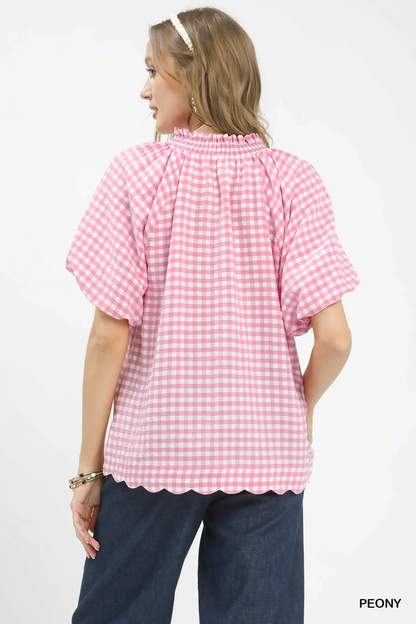 Umgee Peony Gingham Bubble Sleeve V-Neck Top w/ Scallop Hem