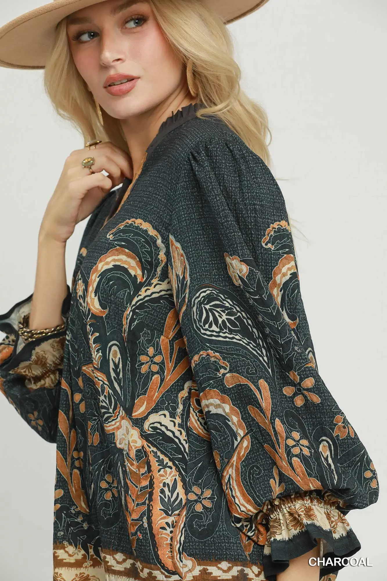 Umgee Charcoal Paisley Border Print Boho Blouse