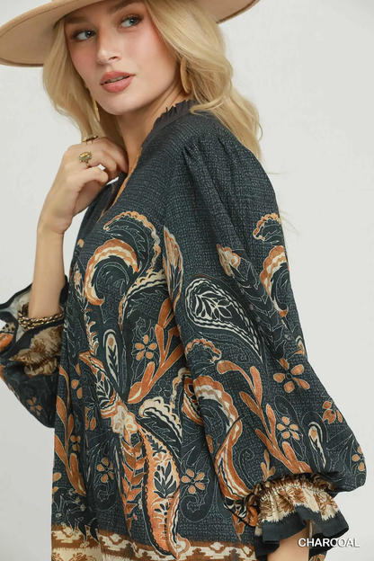 Umgee Charcoal Paisley Border Print Boho Blouse