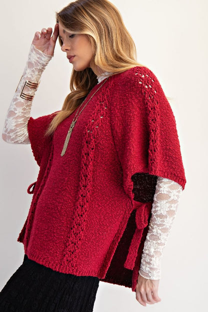 Easel Boho Red Knitted Sweater Poncho