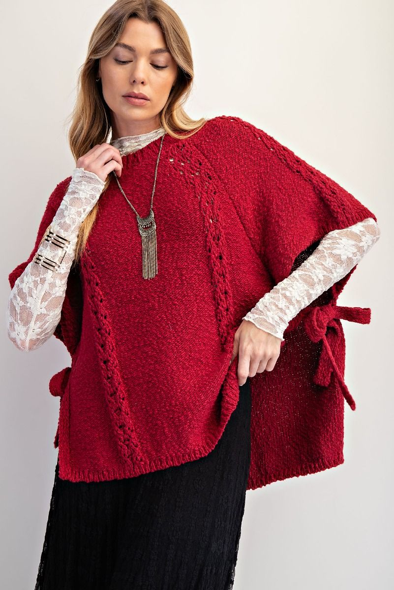 Easel Boho Red Knitted Sweater Poncho