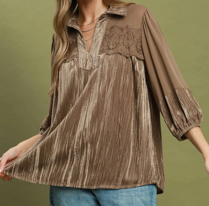 Umgee Latte Velvet Lace Detail Mixed Fabric Blouse