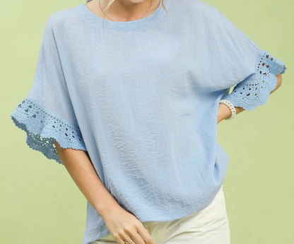 Umgee Ice Blue Crochet Trim Top