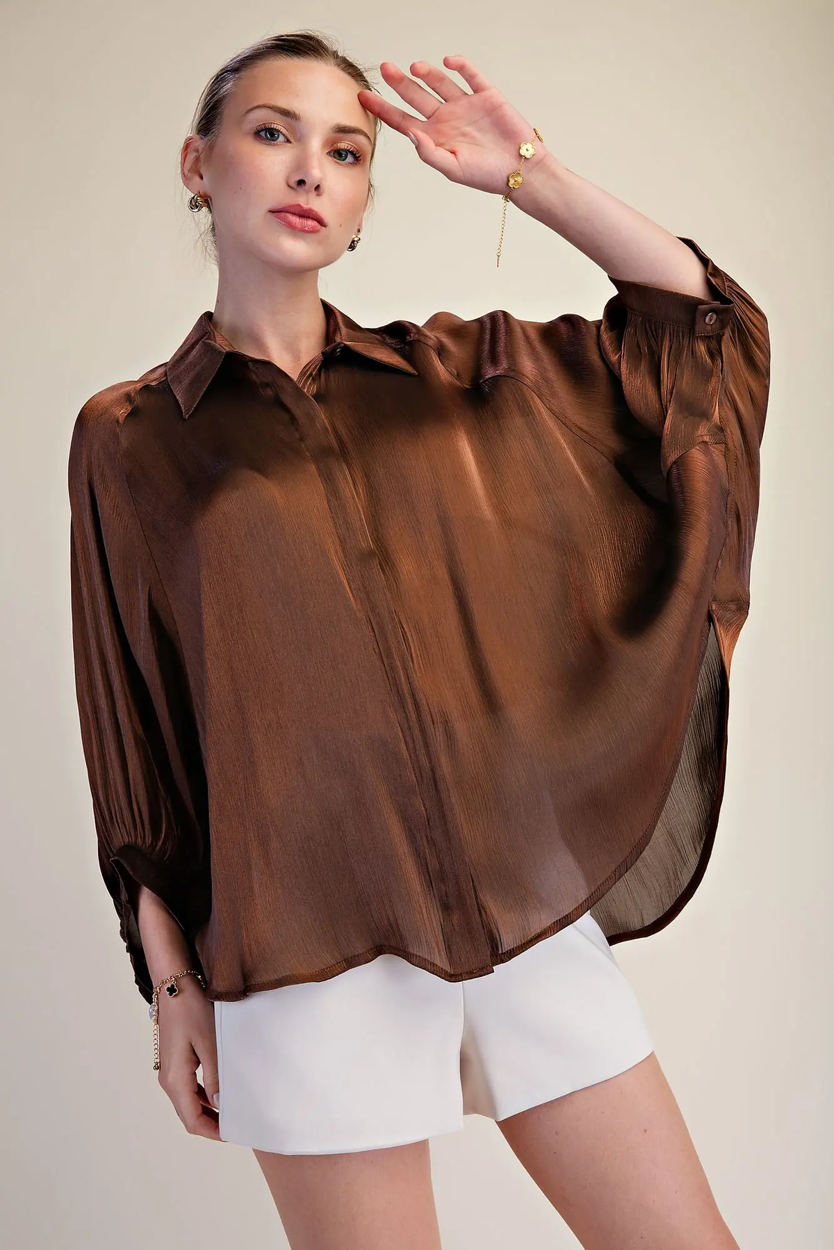Glam Rust Metallic Oversized Button Down Long Sleeve Shirt