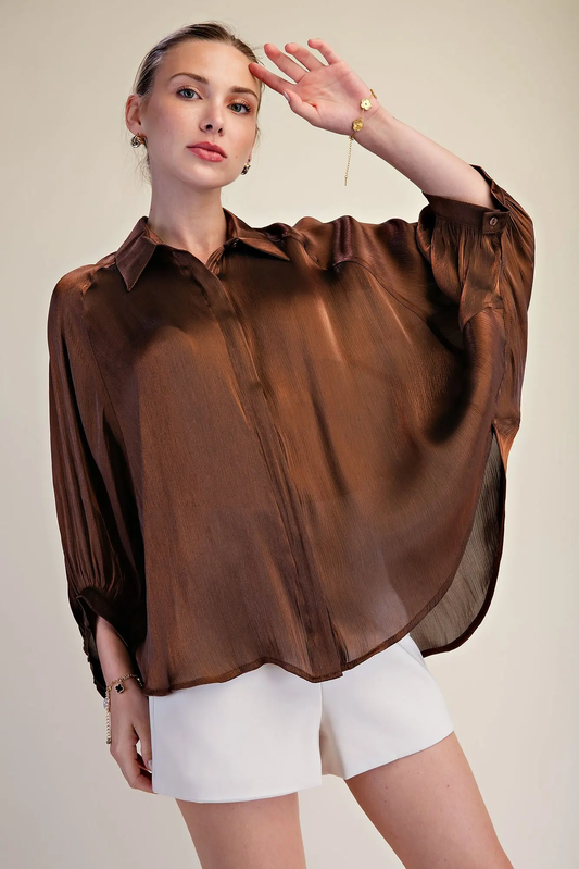 Glam Rust Metallic Oversized Button Down Long Sleeve Shirt