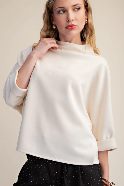 Glam Ivory Mock-Neck 3/4 Sleeve Everyday Top