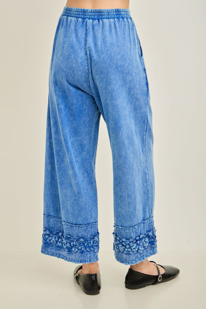 J. Her Cobalt Blue Mineral Washed Flower Trim Detailed Lounge Pants