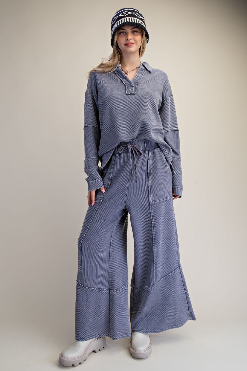 Easel Washed Denim Textured Thermal Washed Pullover