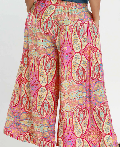 Umgee Pink Mix Printed Pull On Wide Leg Pants