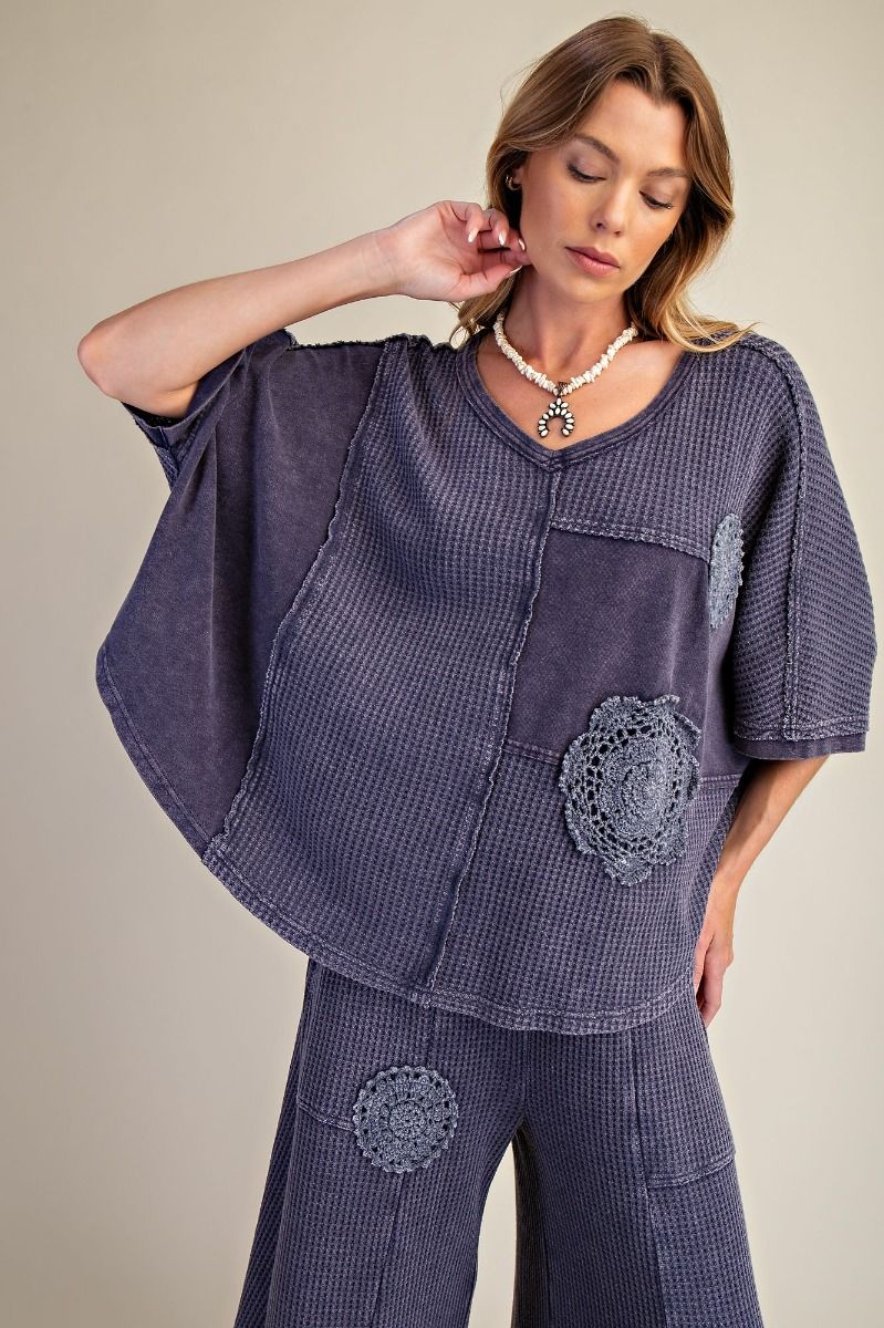 Easel Midnight Blue Crochet Patch Detailing Washed Thermal Top