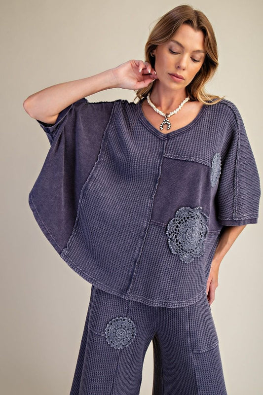 Easel Midnight Blue Crochet Patch Detailing Washed Thermal Top
