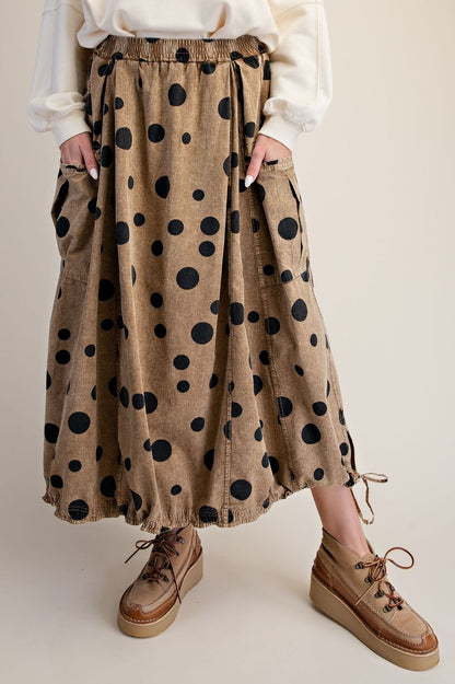 EASEL MOCHA POLKA DOTS PRINT WASHED WOVEN SKIRT