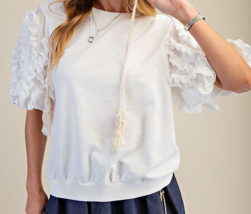 Easel Ruffle Sleeve Mineral Washed Top