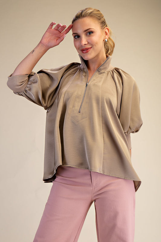 Glam Mocha Mock Neck Band Puff Sleeve Blouse
