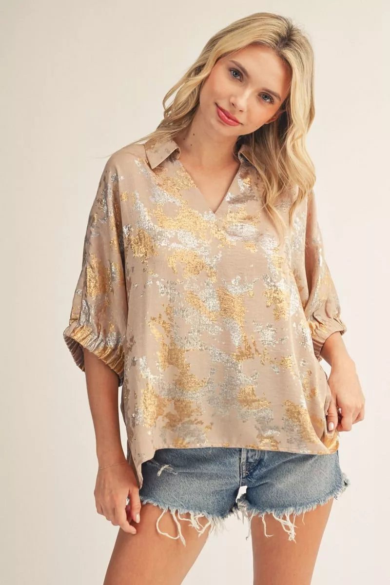 Jodifl  Pearl Drop Shoulder Dolman Sleeves Metallic Top