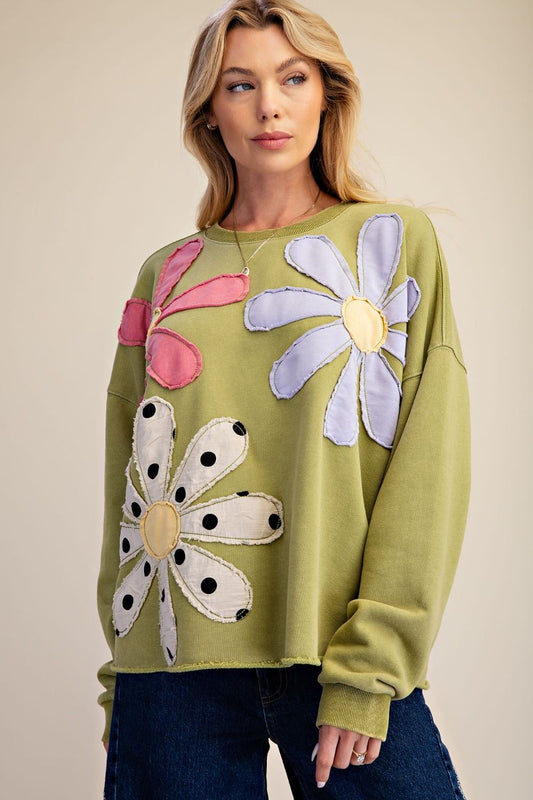 FLORAL PATCH FRONT WASHED TERRY PULLOVER BY EASEL