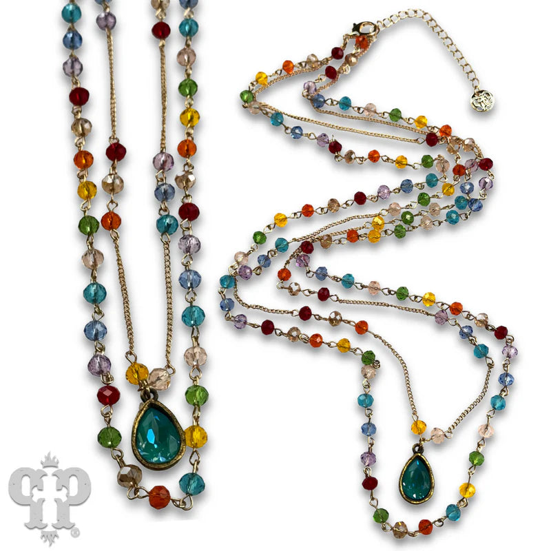 Multi-Colored Faceted linked bead double strand necklace with Austrian crystal