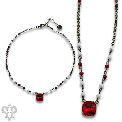 Red & White Linked bead necklace with Austrian crystal pendant