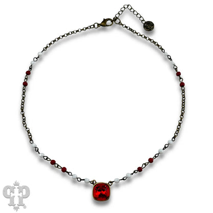 Red & White Linked bead necklace with Austrian crystal pendant
