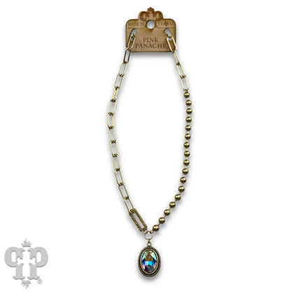 Gold Vertical oval crystal pendant on mixed chain necklace
