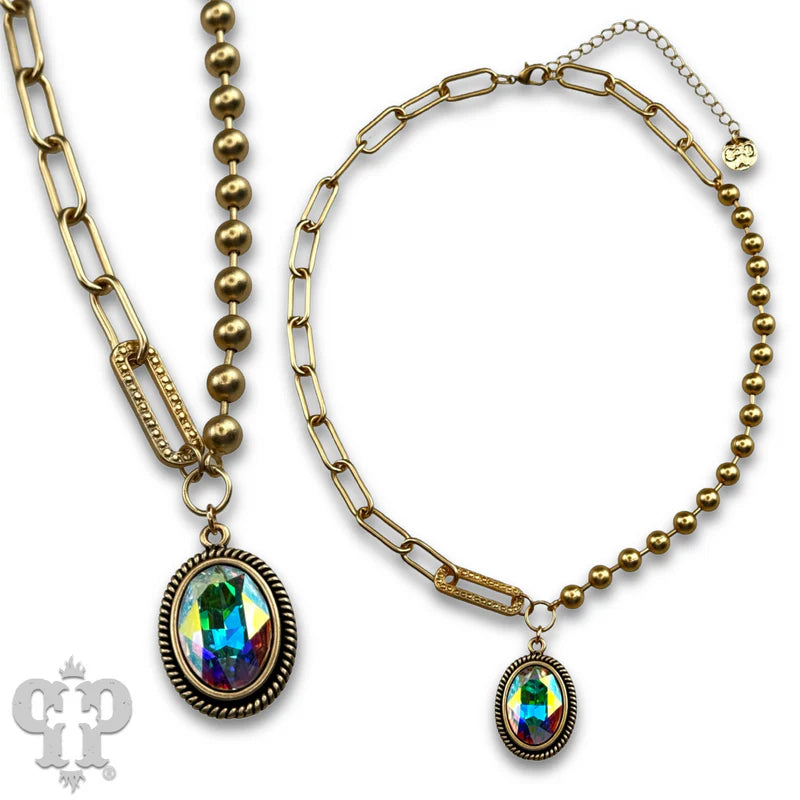 Gold Vertical oval crystal pendant on mixed chain necklace