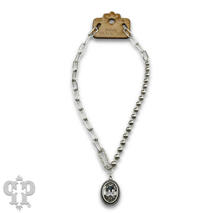 Silver Vertical oval crystal pendant on mixed chain necklace