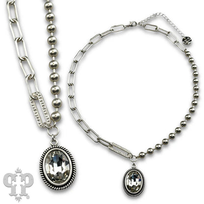 Silver Vertical oval crystal pendant on mixed chain necklace