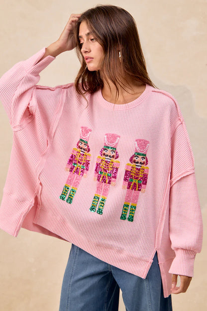 Bibi Pink Christmas Sequin Nutcrackers Embroidery Sweatshirt