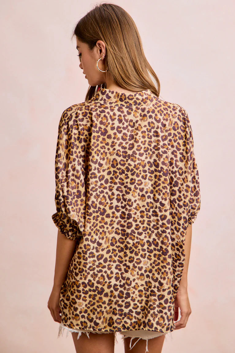 Bibi Leopard Contrast Banded Dolman Sleeves Top
