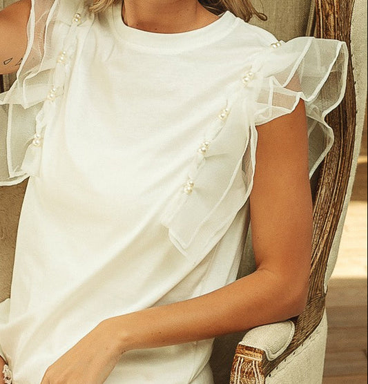 Bibi Ivory PEARL BEADS LAYERED MESH RUFFLED ARMHOLE TOP