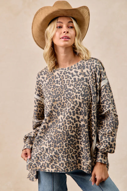 Bibi Leopard Print Oversized Waffle Thermal Sweatshirt