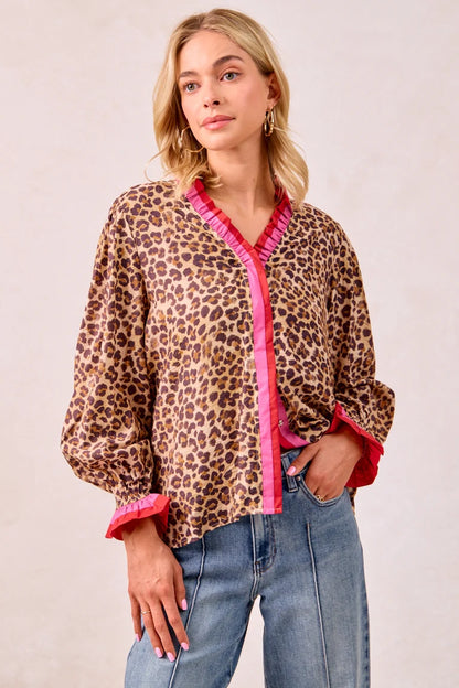 Bibi Leopard Print Top with Stripe Wavy Trim Detail
