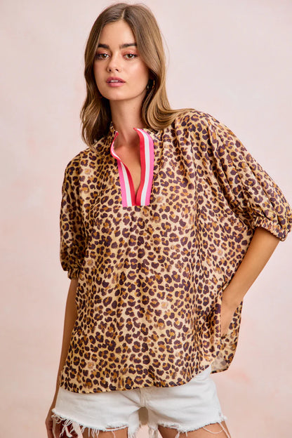 Bibi Leopard Contrast Banded Dolman Sleeves Top