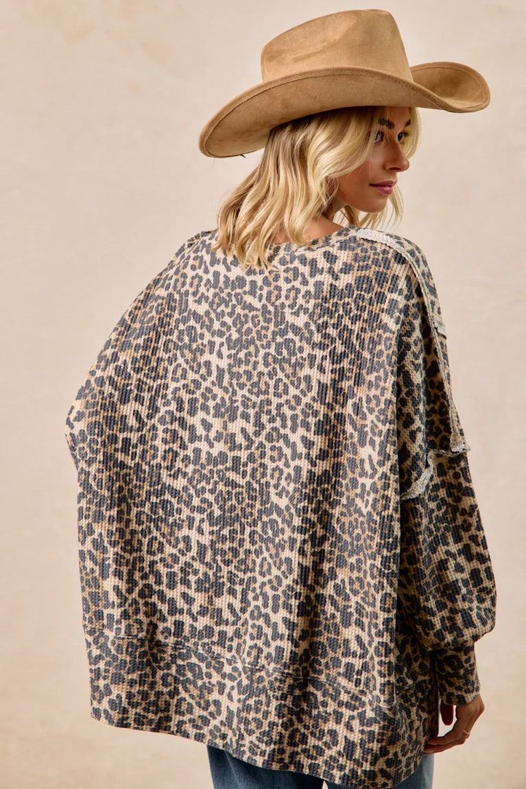 Bibi Leopard Print Oversized Waffle Thermal Sweatshirt