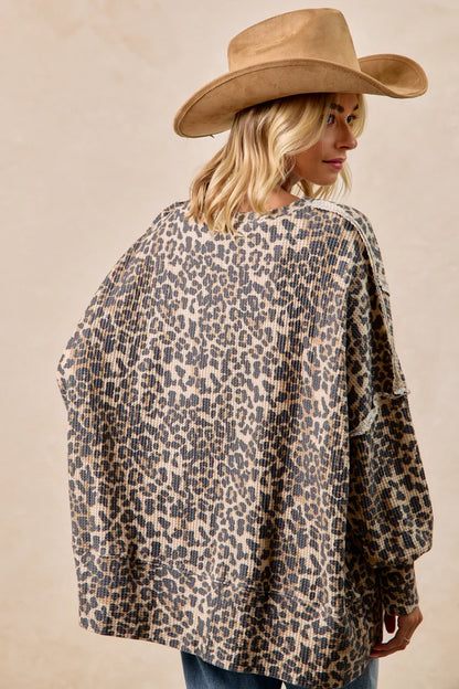 Bibi Leopard Print Oversized Waffle Thermal Sweatshirt