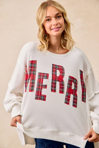 Bibi Christmas Plaid Merry Lettering Oversized Pullover